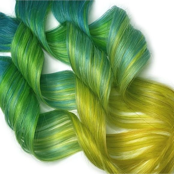 Double Drawn Blue Neon Ombre Green Clip in Remy human hair extensions